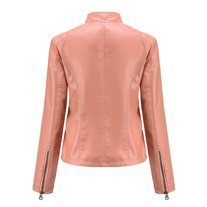 Women's casual faux leather stand-up collar jacket