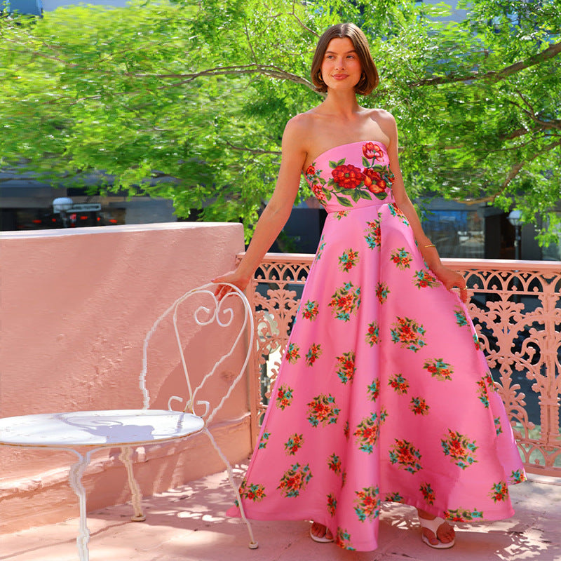 Strapless Floral Print Slim Fit Evening Gown