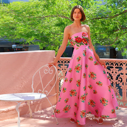 Women’s Evening Gown – Strapless Satin – Slim Fit – Floral Print Full-Length Dress