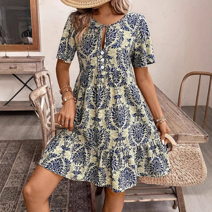 Women’s V-Neck Dress – A-Line Loose Fit – Short Sleeve – Tiered Hem – Cotton Print