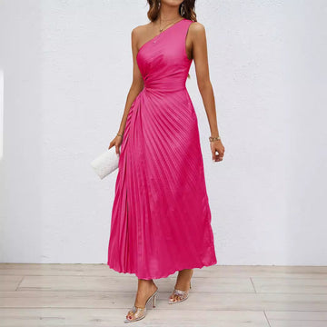 Women’s Maxi Dress – One Shoulder – Satin Feel – Ruched Waist – Pleated Skirt