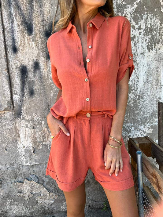 Linen Blend Relaxed Fit Button-Up Jumpsuit 