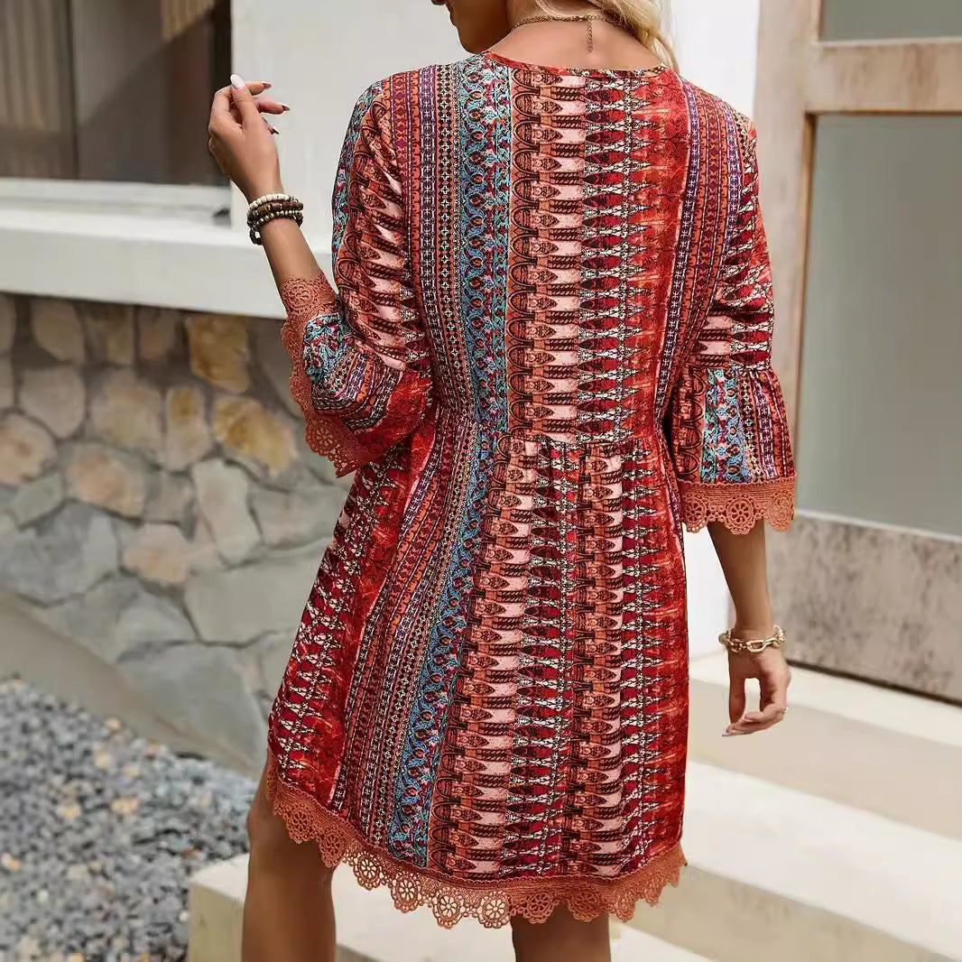 Women’s Casual Dress – A-Line Fit – V-Neck Boho Print – Lace Trim – 3/4 Sleeve