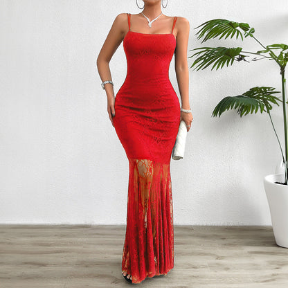 Women’s Maxi Dress – Slim Fit Lace – Spaghetti Straps – Formal Evening Gown