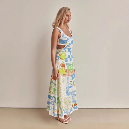 Women’s Maxi Dress – A-Line Fit – V-Neck – Spaghetti Straps – Cut-Out Waist – Printed
