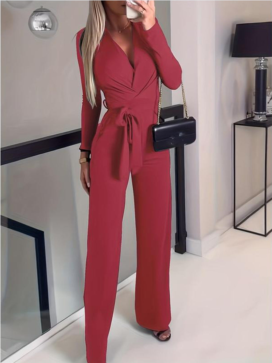 Tailored Wrap V-Neck Wide Leg Jumpsuit