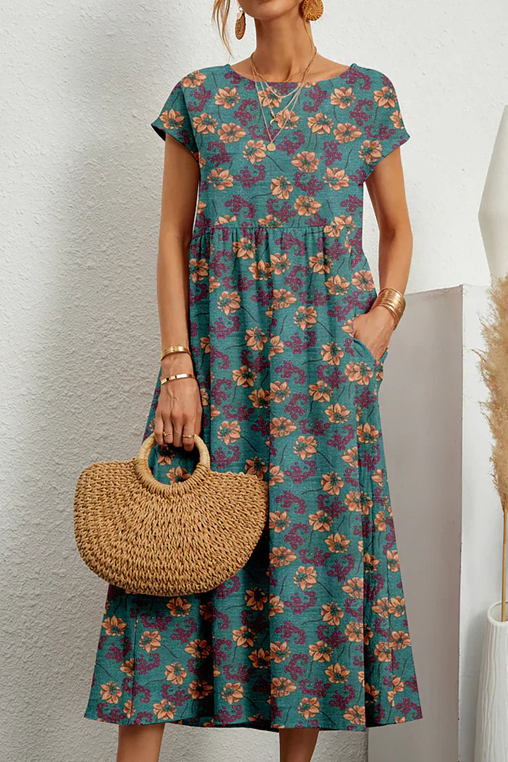 Women's Midi Dress - Floral Print - Short Sleeve - Loose Fit - Lightweight Fabric