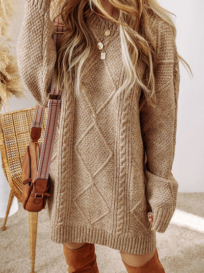 Women’s Sweatshirt – Cable Knit Wool – Loose Fit – Knee Length – Long Sleeve Casual Wear