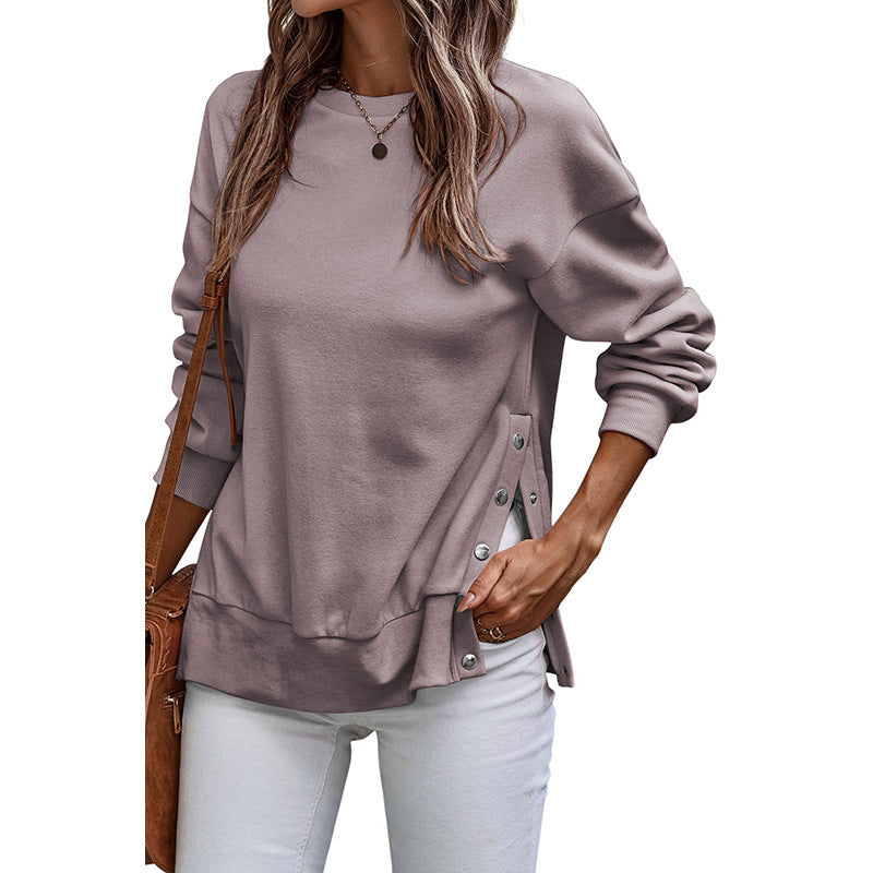Loose Fit Side Button Slit Pullover Sweatshirt 