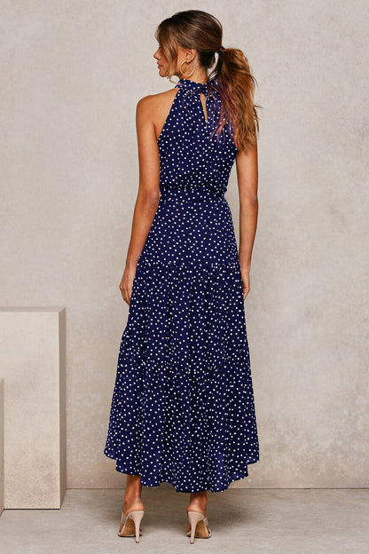 Women's Polka Dot Halter Maxi Dress – Elegant & Lightweight A-Line Fit