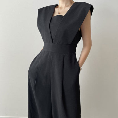 Women’s Sleeveless Jumpsuit – Square Neck – High Waist – Wide Leg – Full Length Fit