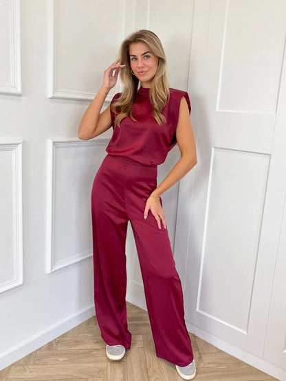 Women’s Jumpsuit – Satin Finish – Sleeveless – Open Back – Wide Leg – Relaxed Fit