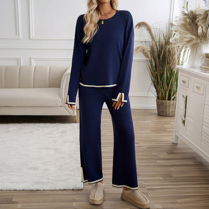 Women’s Two-Piece Lounge Set – Wool Knit – Relaxed Fit – Crew Neck – Wide-Leg Pants