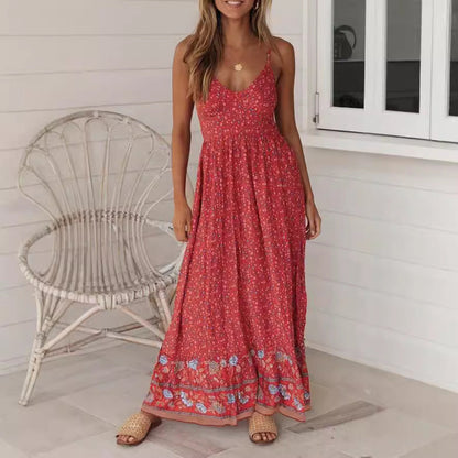 Women’s Maxi Dress – Floral Print – V-Neck – Strappy Boho Fit – Lightweight Fabric