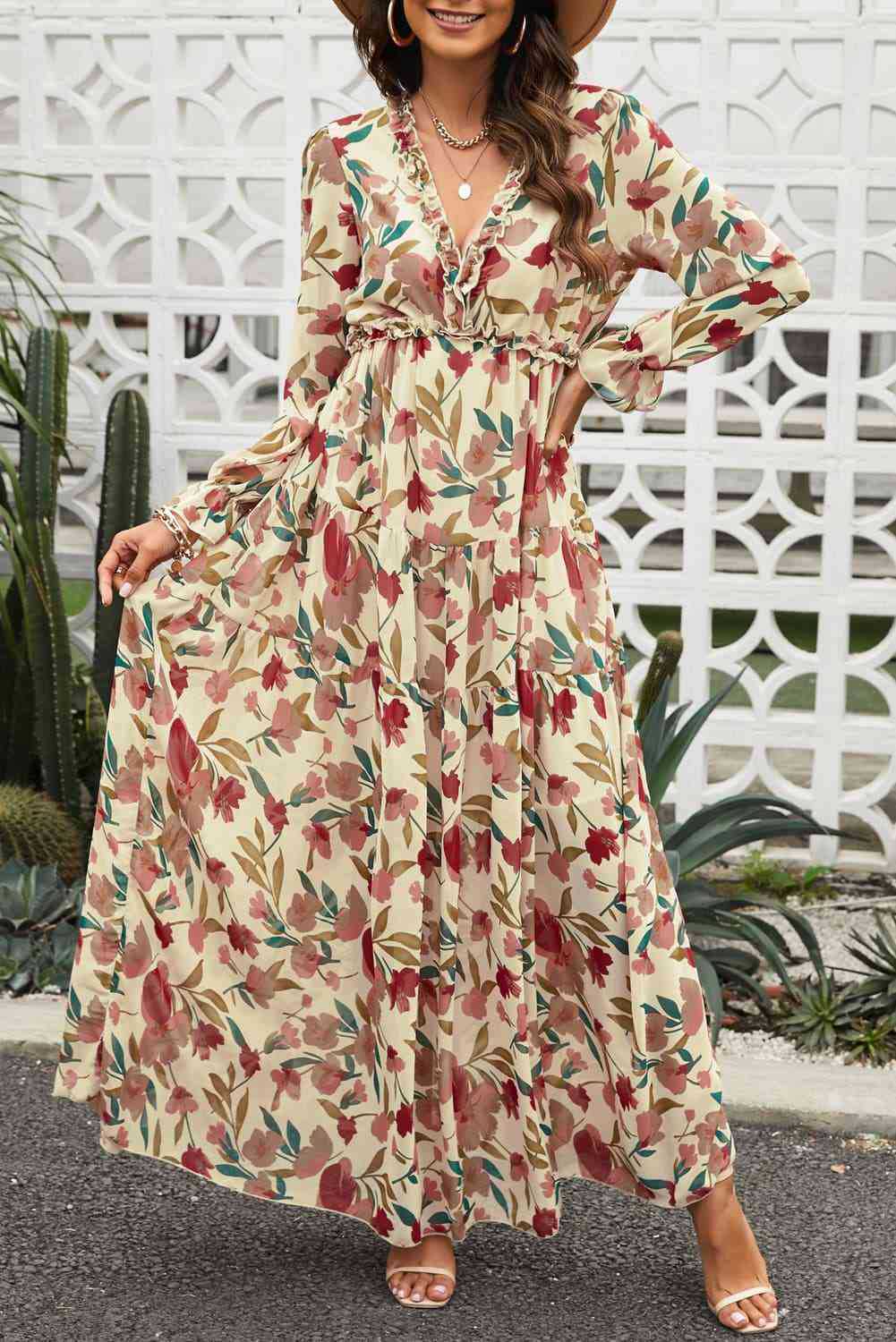 Women’s Maxi Dress – Chiffon – V-Neck – Long Sleeve – Floral Print – Ruffle Detail