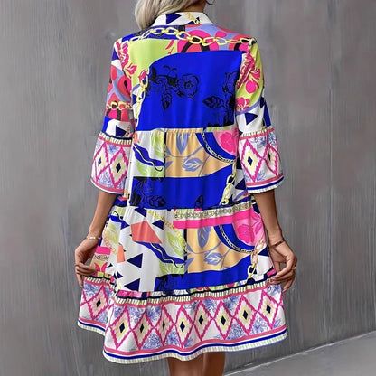 Women’s Flared Dress – Relaxed Fit – Bell Sleeves – V-Neck – Ruffle Hem Printed Casual Wear