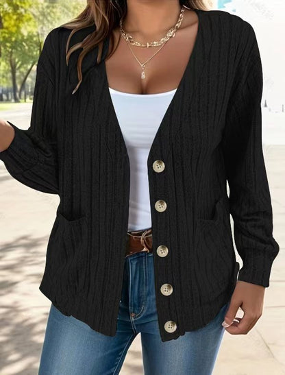 Women’s Cardigan – Relaxed Fit – Ribbed Knit – Button Front – Hip Length – Pockets
