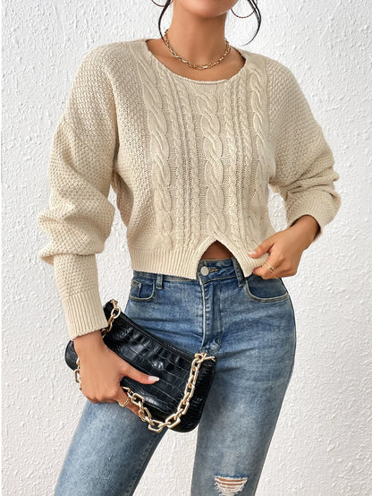 Women’s Sweater – Wool Blend – Cable Knit – Relaxed Fit – Round Neck – Split Hem