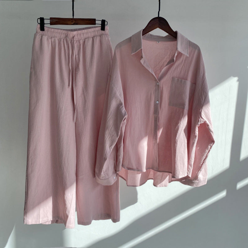 Women’s Loungewear Set - Button-Up Shirt & Wide-Leg Pants - Relaxed Fit Cotton Blend