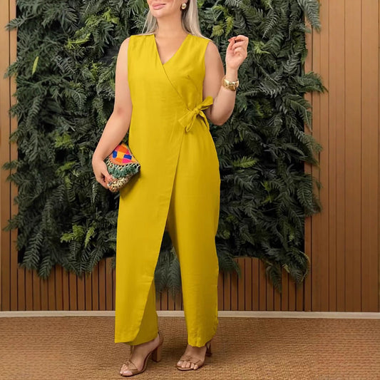 Relaxed Cotton V-Neck Wrap Jumpsuit 