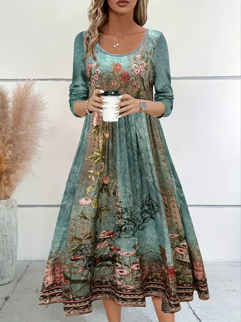 Women's Bohemian Chic Dress - Vintage Floral Print - Long Sleeve