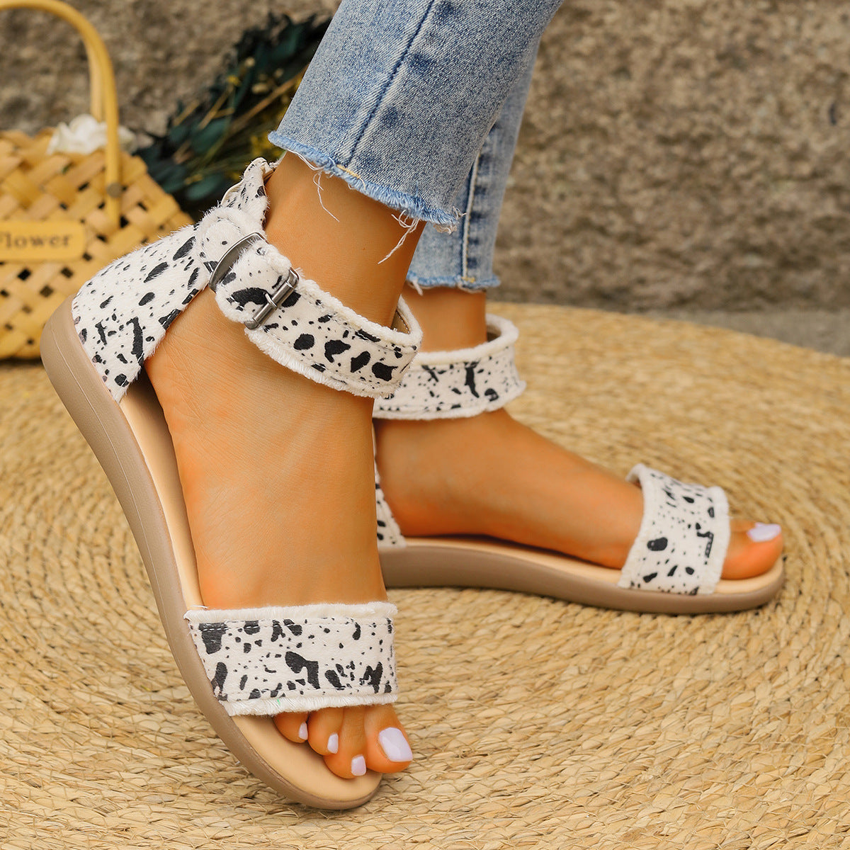 Women's Sandals - Spotted Pattern - Adjustable Buckle Strap - Flat Sole Comfort Wear