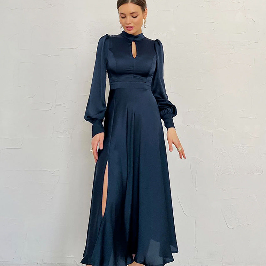 Satin High-Neck Puff Sleeve Long Dress