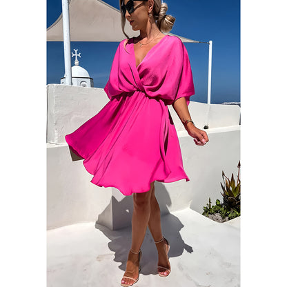 Women’s Dress – Relaxed Fit – Batwing Sleeves – Asymmetrical Hem – Knot Front V-Neck