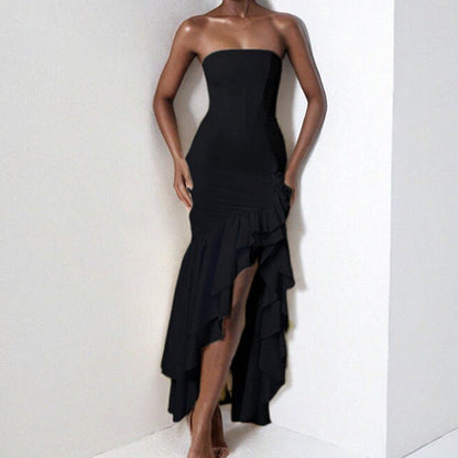 Women’s Strapless Dress – Slim Fit – Midi Length – Asymmetrical Ruffle Hem – Evening Wear