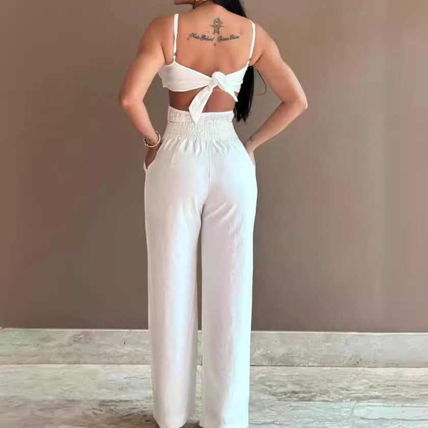 Women’s Jumpsuit – Wide Leg – Backless – Bow Front – Cut-Out – Spaghetti Straps