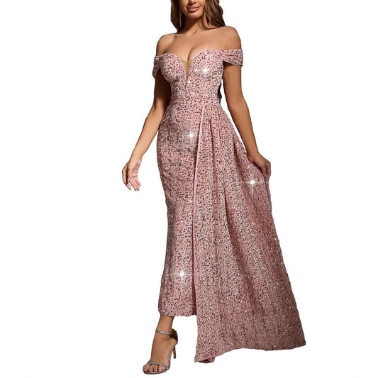 Fitted Sequin Off-Shoulder Evening Gown