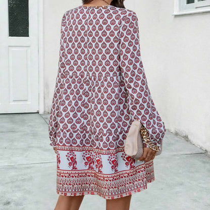 Women's Boho Midi Dress - Lightweight Flowy Fit - Long Sleeve Vintage Style