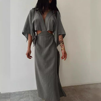 Women’s Maxi Dress – Cotton Linen Blend – Slim Fit – V-Neck – Cut-Out Waist – High Slit
