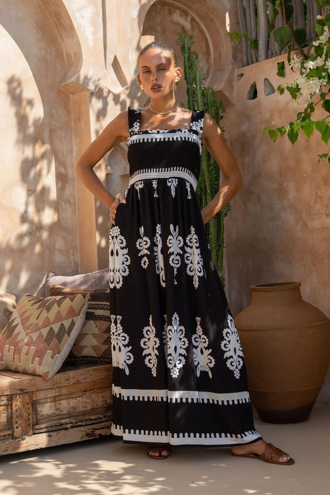 Women’s Sundress – Lightweight Cotton – Ruched Bodice – A-Line Fit – Printed Hem