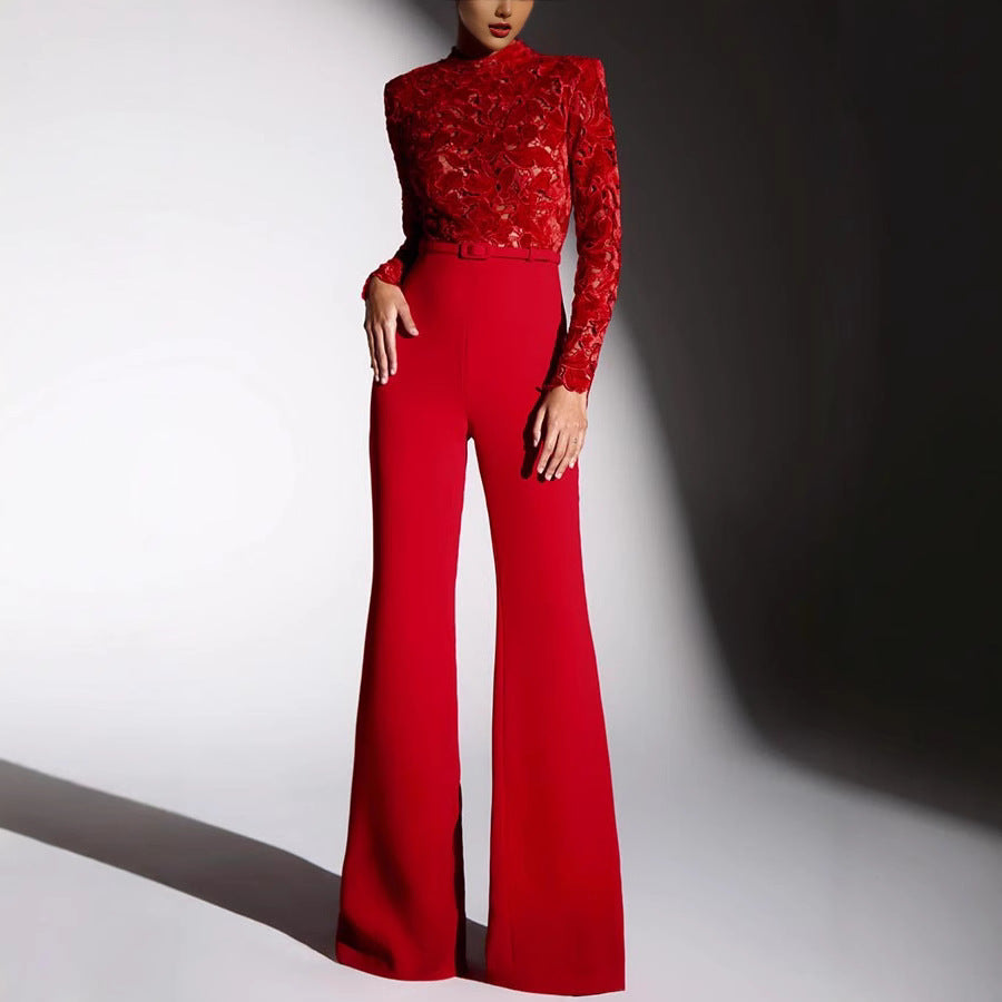 Lace Embroidered Belted Waist Jumpsuit