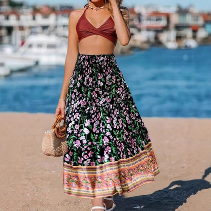 Women’s Maxi Dress – Strapless Bandeau Top – Flowy Fit – Bohemian Print Skirt