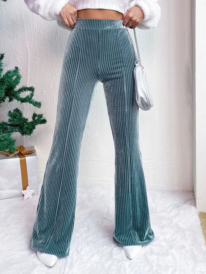 Women’s Flared Pants – High Waist – Ribbed Stretch Fabric – Wide Leg Floor Length