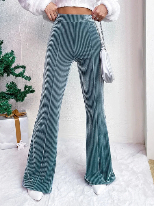 Ribbed Stretch High-Waisted Flared Pants 