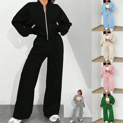 Women’s Two-Piece Loungewear Set – Relaxed Fit Bomber Jacket – High-Waist Wide-Leg Pants