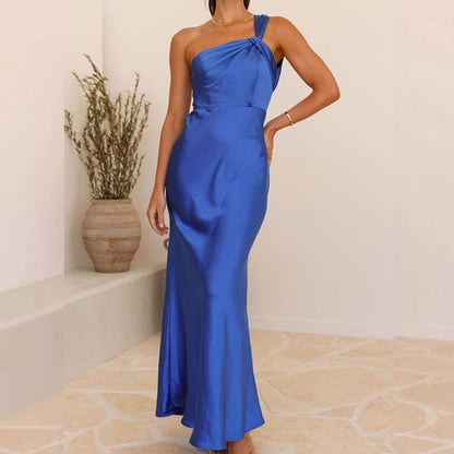 Women’s Evening Gown – Satin One-Shoulder – Slim Fit – Draped Floor-Length Dress