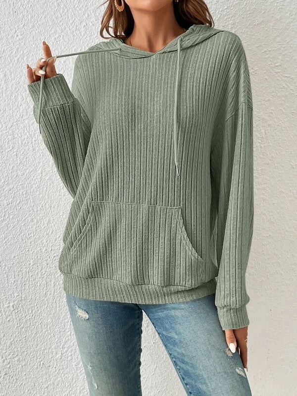 Rib Knit Relaxed Fit Hooded Sweater 