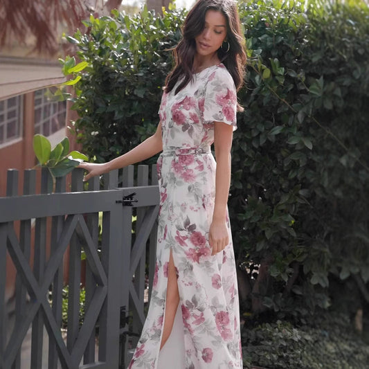 Slim Floral Print Cotton Blend Maxi Dress