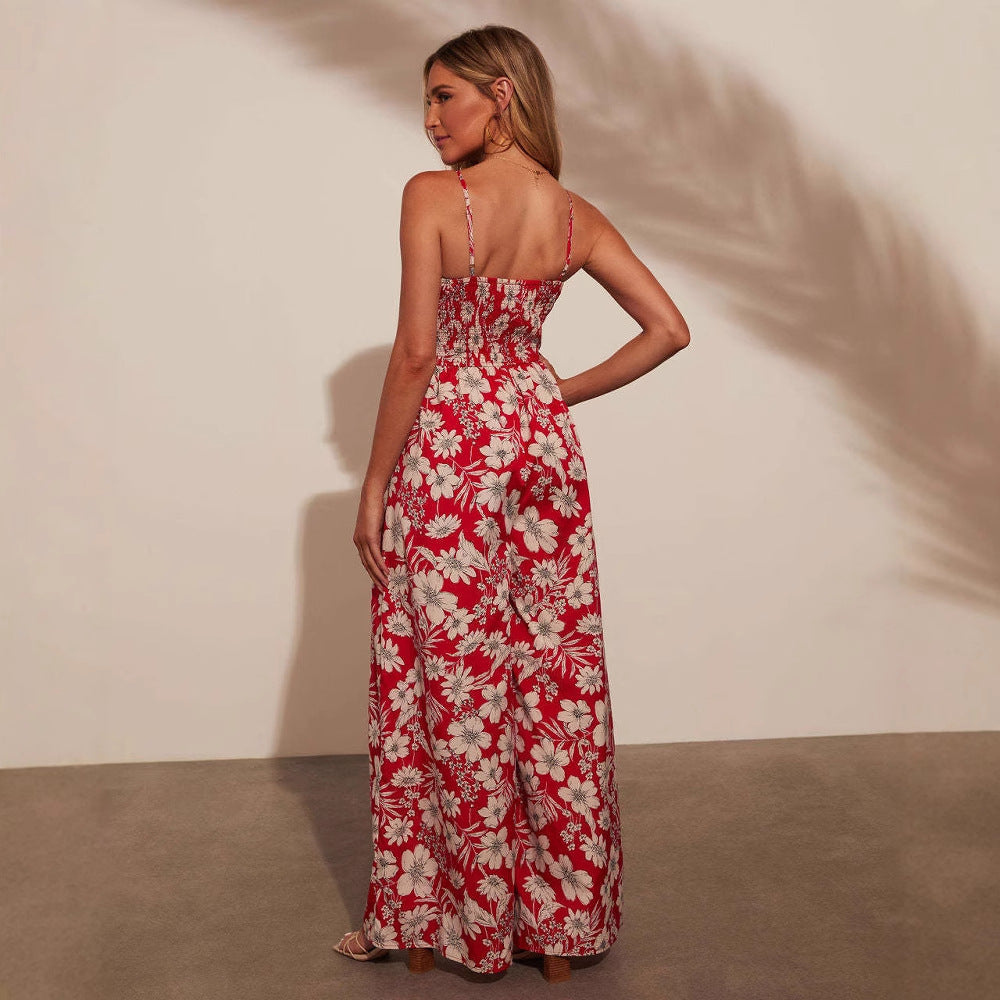 Women’s Jumpsuit – Floral Print – Smocked Bodice – Wide Leg – Spaghetti Straps