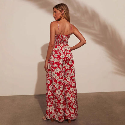 Women’s Jumpsuit – Floral Print – Smocked Bodice – Wide Leg – Spaghetti Straps