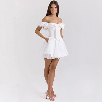 Women’s Off-Shoulder Dress – Fitted Bodice – A-Line Mini – Ruffled Neck – Lace Trim – Bow Front