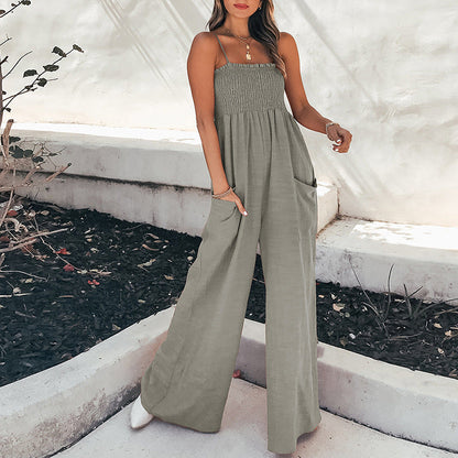 Women’s Jumpsuit – Relaxed Fit – Ruched Bodice – Wide Leg – Spaghetti Straps – Pockets