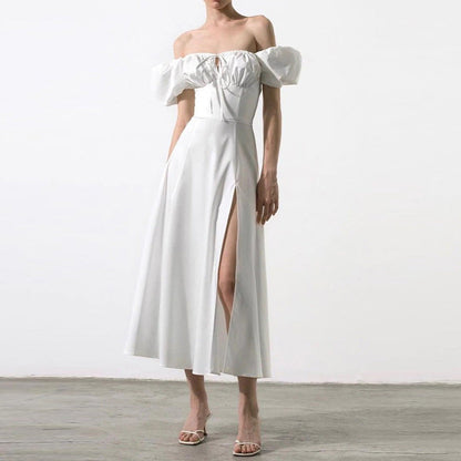 Women’s Off-Shoulder Dress – Puff Sleeve – Tie Neck – High Slit – Midi A-Line Fit