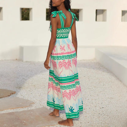 Women’s Maxi Dress – Cotton Blend – A-Line Fit – Tiered Floral Geometric Print – Pockets