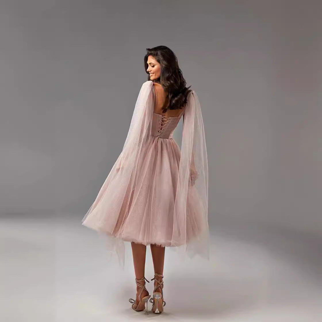 Sheer Overlay Fitted A-Line Evening Dress