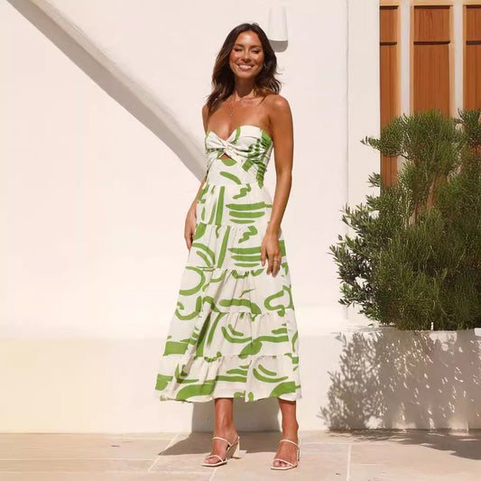 Abstract Print Ruched Bust Maxi Dress